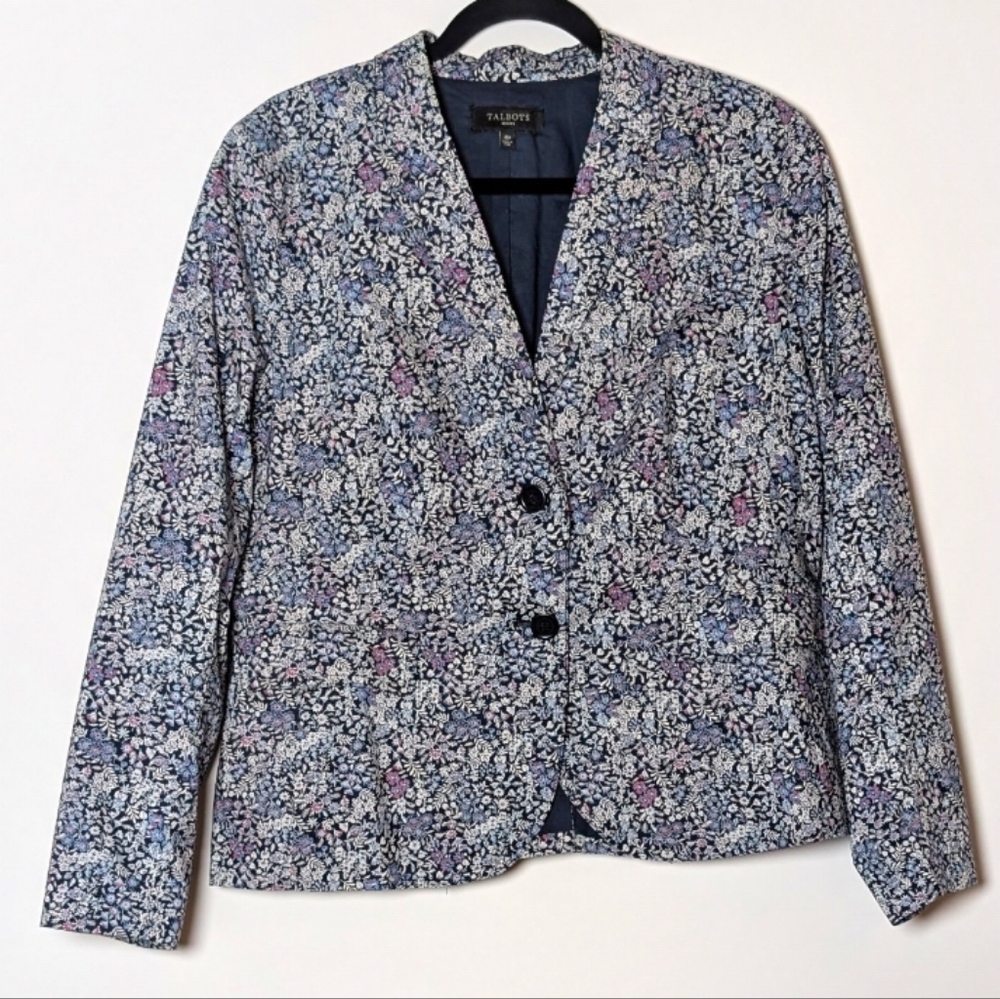 Talbots Blazer 12P‎ Navy Blue Floral Two-Button Jacket Career Cotton NWOT